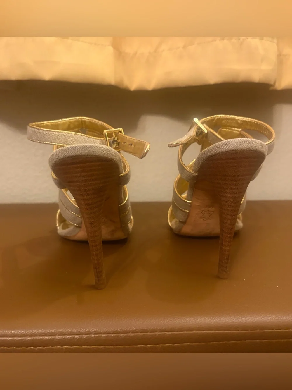 Tory Burch Beige and Gold Strappy Heeled Sandals